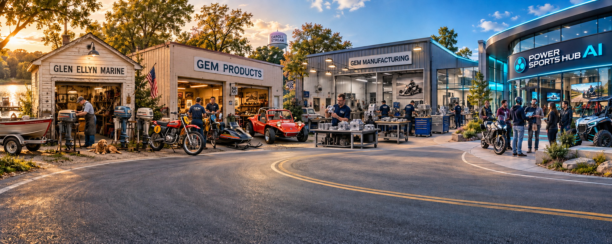 Illustrated evolution from Glen Ellyn Marine and GEM Products through GEM Manufacturing to Power Sports Hub AI