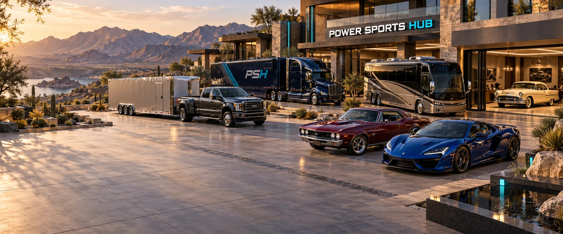 A performance car, tow pickup, enclosed trailer, and motorhome at a motorsports campus