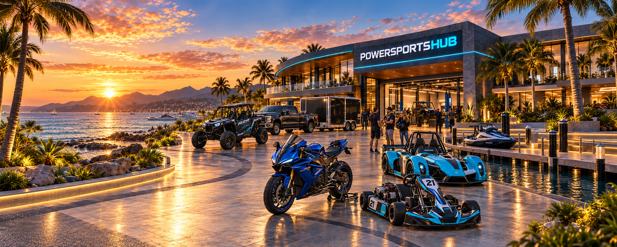 The PowerSportsHub coastal campus gateway at sunset — motorcycles, karts, UTVs and the PowersportsHub showroom with the whole scene fully visible