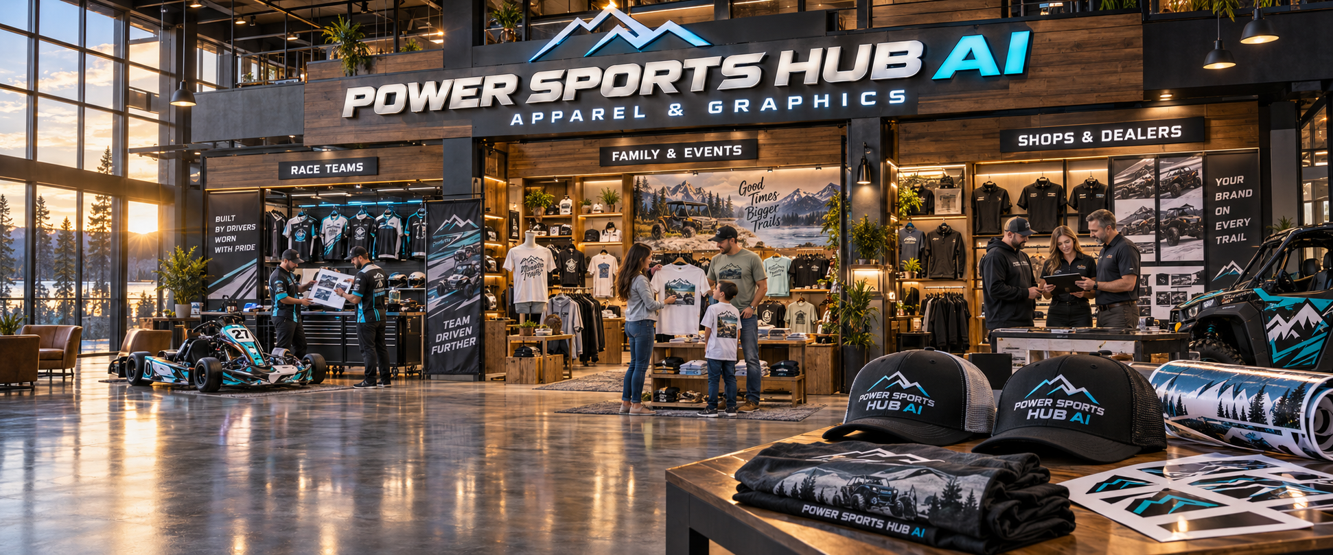 The Power Sports Hub AI apparel and graphics showroom, with separate bays for race teams, family and events, and shops and dealers, and a go-kart parked in front