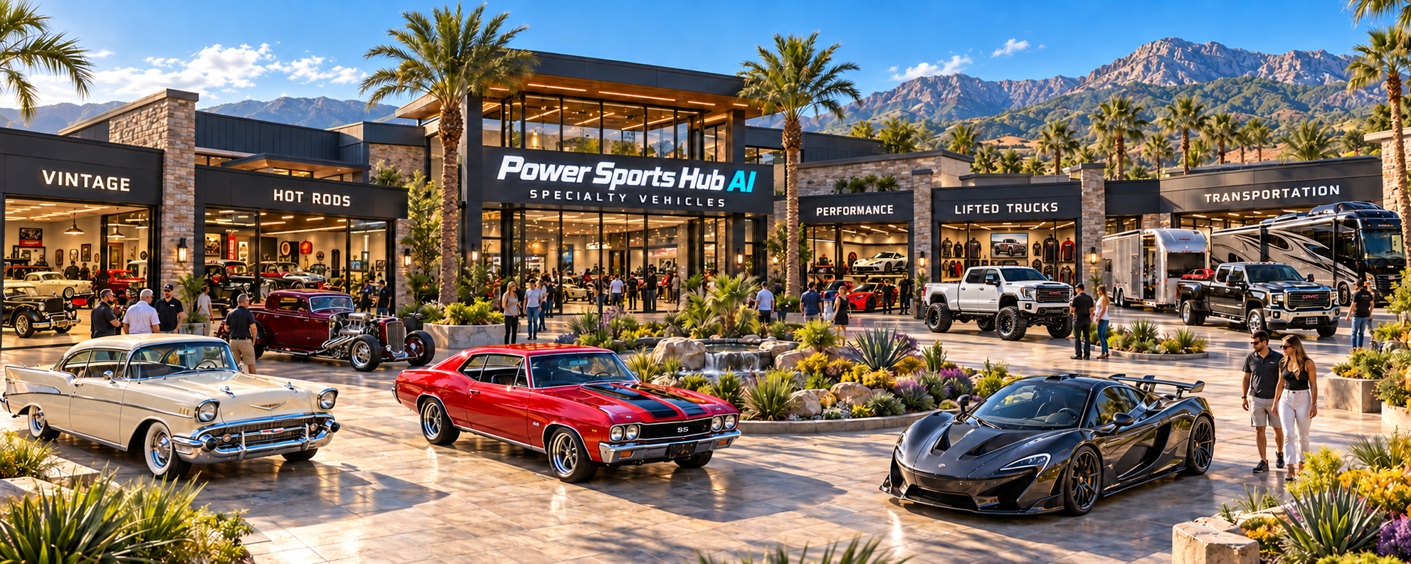 The PowerSportsHub AI specialty vehicles shopping plaza — vintage and hot rod showrooms, performance and lifted truck storefronts around a palm-lined courtyard with classic cars, hot rods, a white lifted pickup, exotic supercars, tow rigs and race transporters