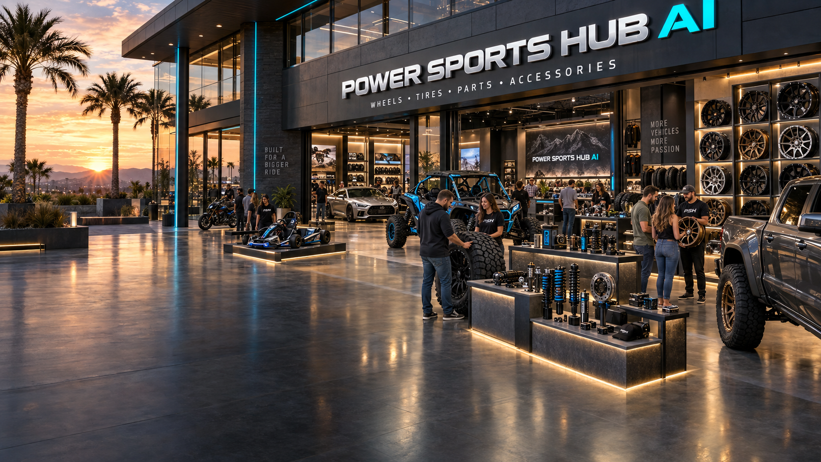 People shopping for wheels, tires, and accessories inside the Power Sports Hub AI flagship storefront