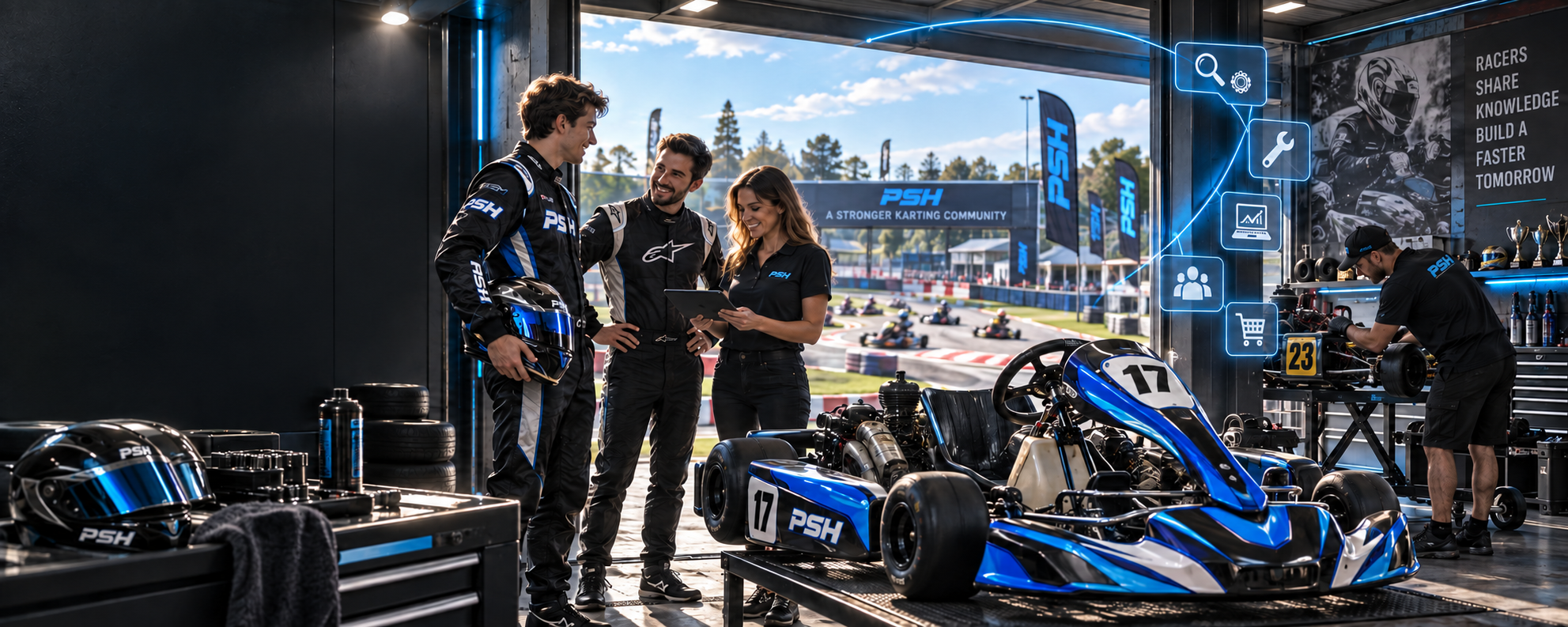 Go-kart racers talking in a PSH workshop with racing karts, a toolbox, and a mechanic