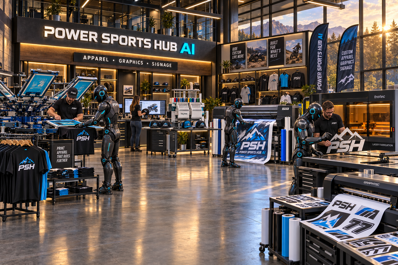 Power Sports Hub AI printing shop with staff and graphite-and-cyan robots producing apparel, graphics, banners and signs
