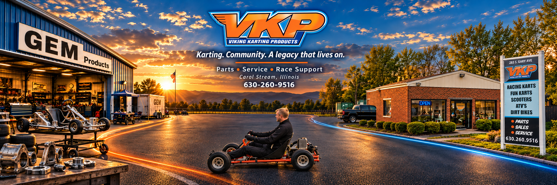 Sunset panorama of GEM Products, Viking Karting Products branding, Brian driving a kart, and the Viking storefront in Carol Stream