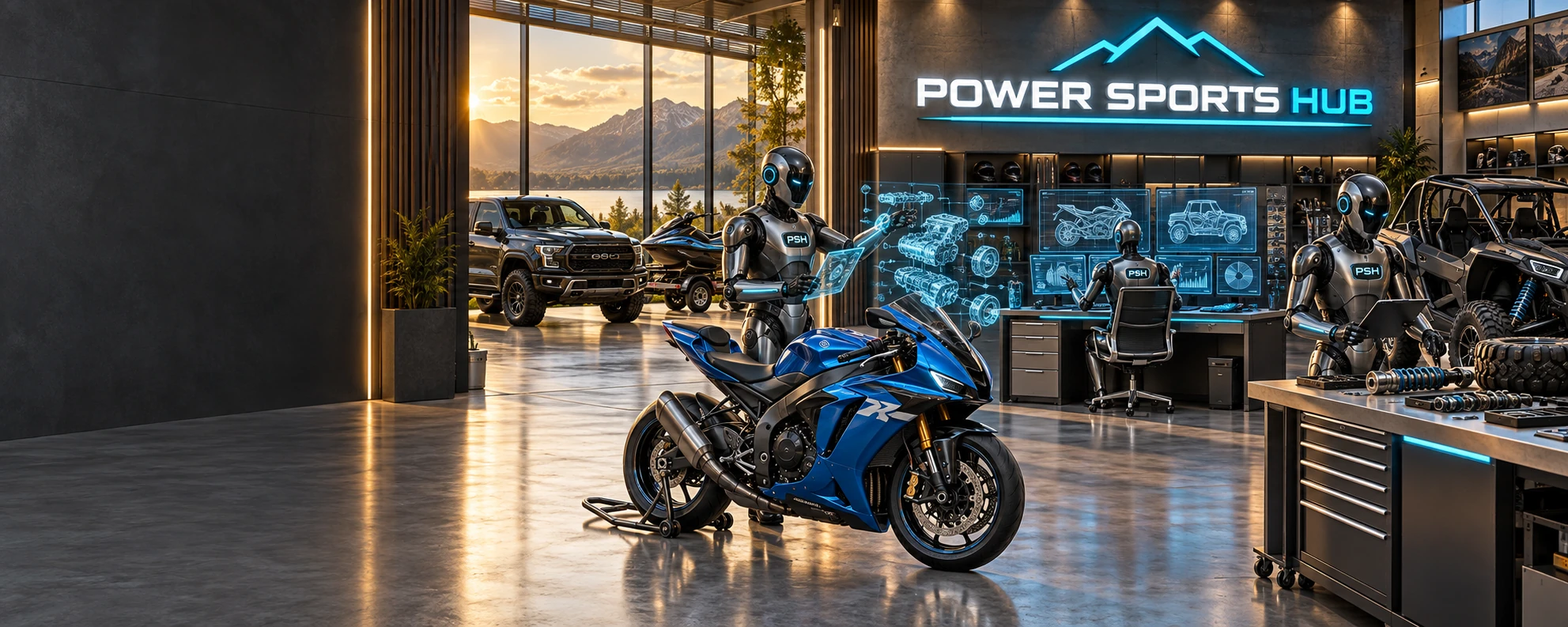 Three PowerSportsHub AI workers in a garage with a blue sport motorcycle