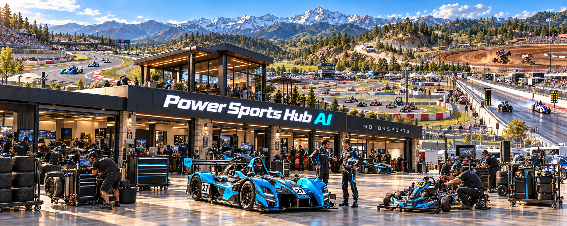 The Power Sports Hub AI motorsports racing complex — a kart, a blue RUSH-style sports racer and crew in the paddock, with a road course, drift and off-road stages, a dirt oval with sprint cars, a drag strip and mountain backdrop