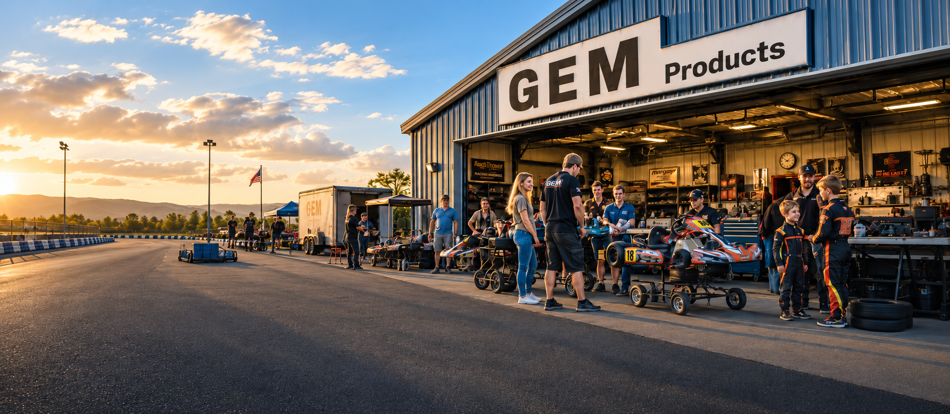 The GEM Products shop at golden hour with family and karting community members gathered outside