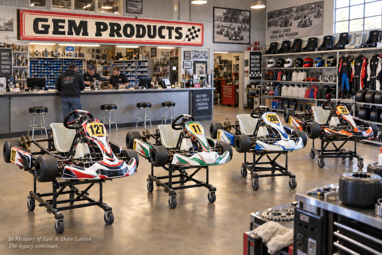 Illustrated recreation of the GEM Products showroom with four engineless kart chassis on stands and a parts counter