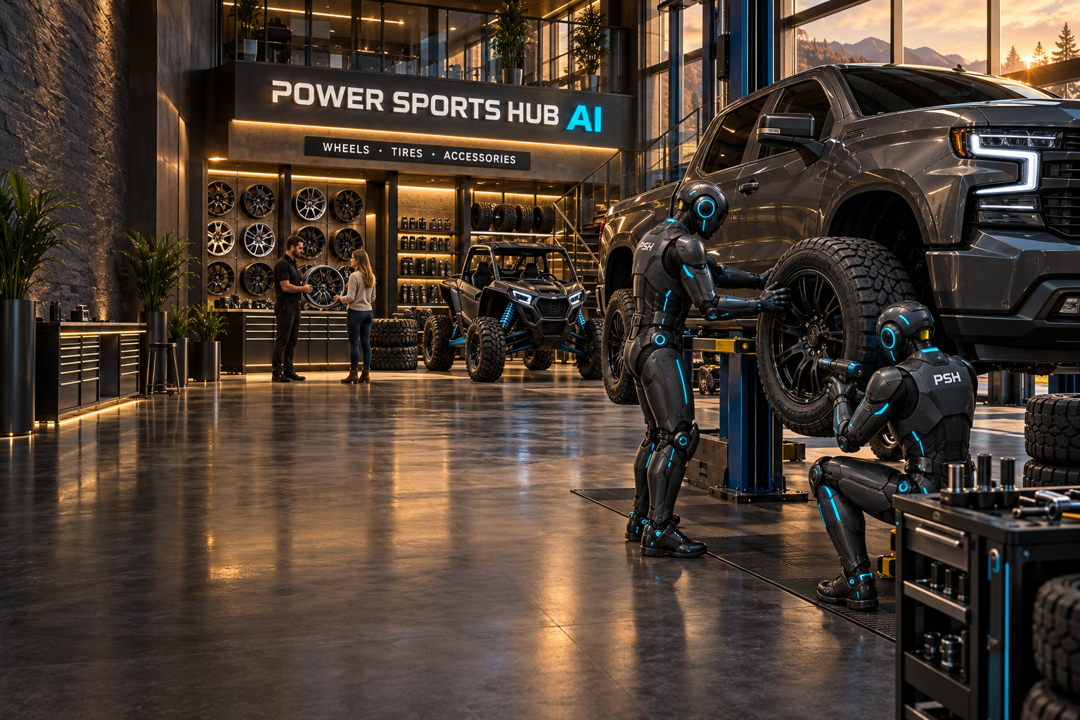 Power Sports Hub AI wheel, tire and accessory shop with a truck, UTV, AI workers and wheel displays