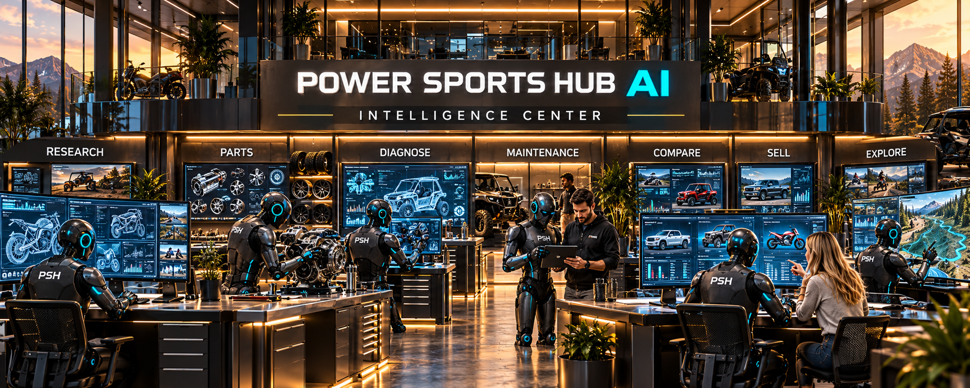 The Power Sports Hub AI Intelligence Center — PSH robots staffing the research, parts, diagnose, maintenance, compare, sell and explore stations
