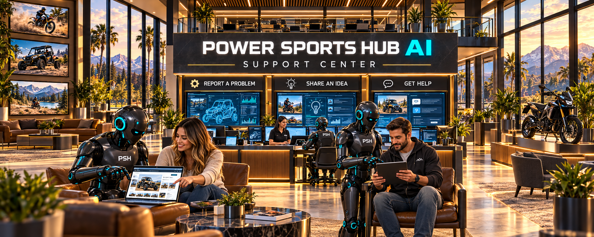 The Power Sports Hub AI Support Center lounge — PSH robots and staff helping riders at the Report a Problem, Share an Idea and Get Help stations