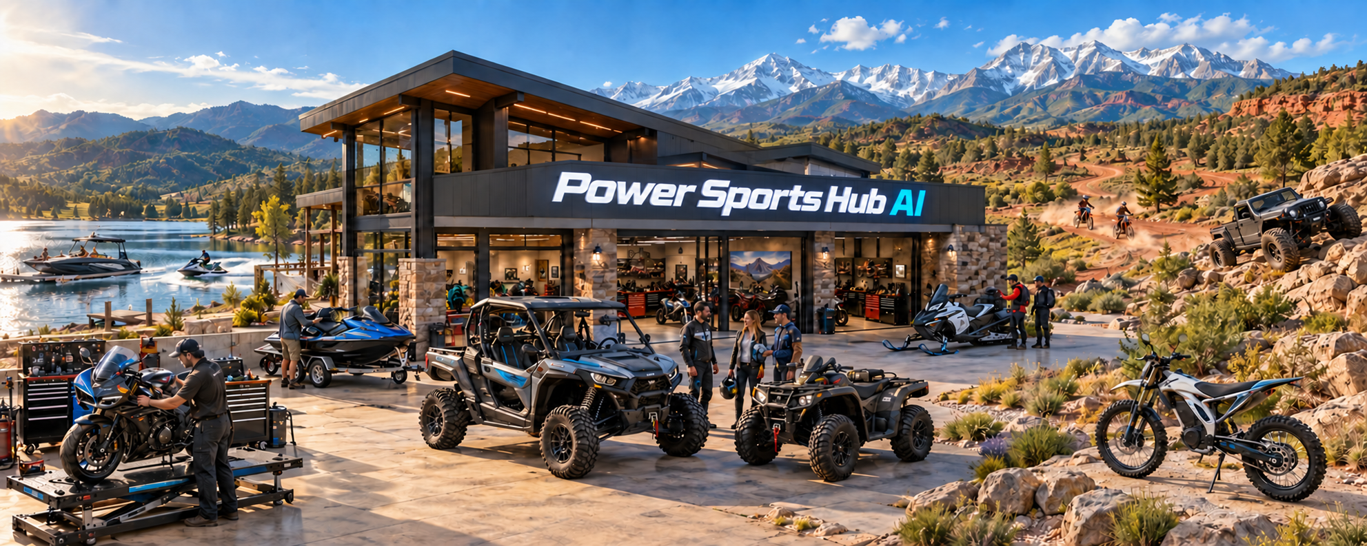 The Power Sports Hub AI riding facility — the flagship building with its white PowerSportsHub sign and cyan AI, a side-by-side, ATV, motorcycles, personal watercraft and a snowmobile staged outside, riders on a desert trail and mountain backdrop