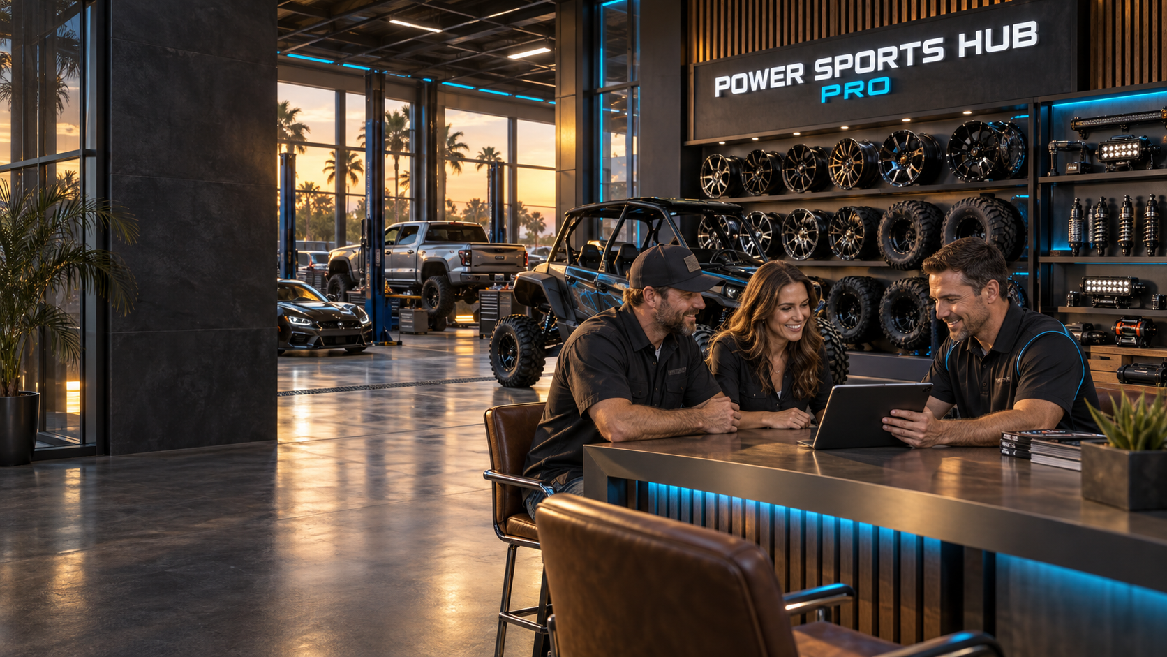 Two shop owners and a PowerSportsHub specialist reviewing wheels and tires on a tablet at the Power Sports Hub Pro counter, with wheel, tire and accessory displays behind them