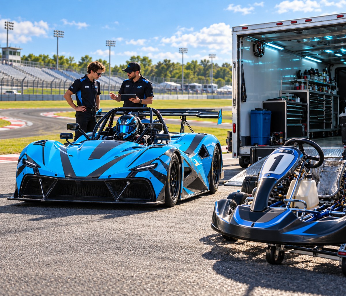 Crew members preparing a blue RUSH sports racer and race kart on a sunny racetrack