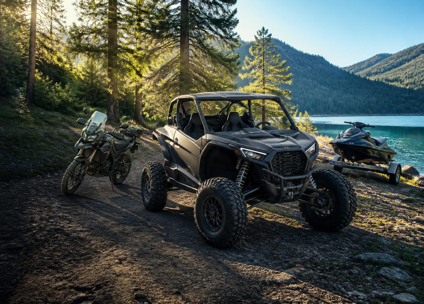 A motorcycle, side-by-side, and personal watercraft at a mountain lake