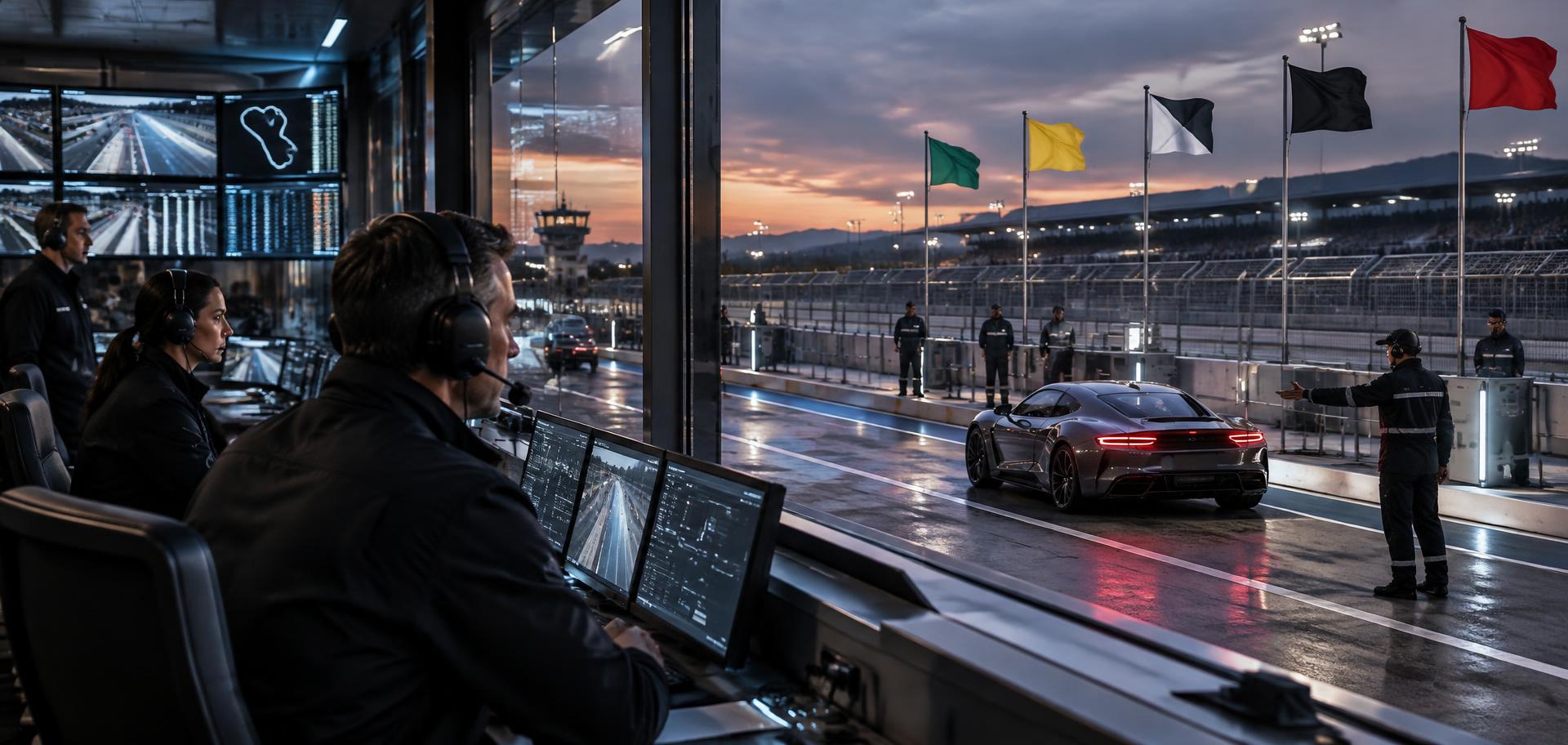 A race-control booth at dusk where stewards watch a pit lane lined with green, yellow, black-and-white, black and red flags while a marshal calmly guides a car into an inspection lane.